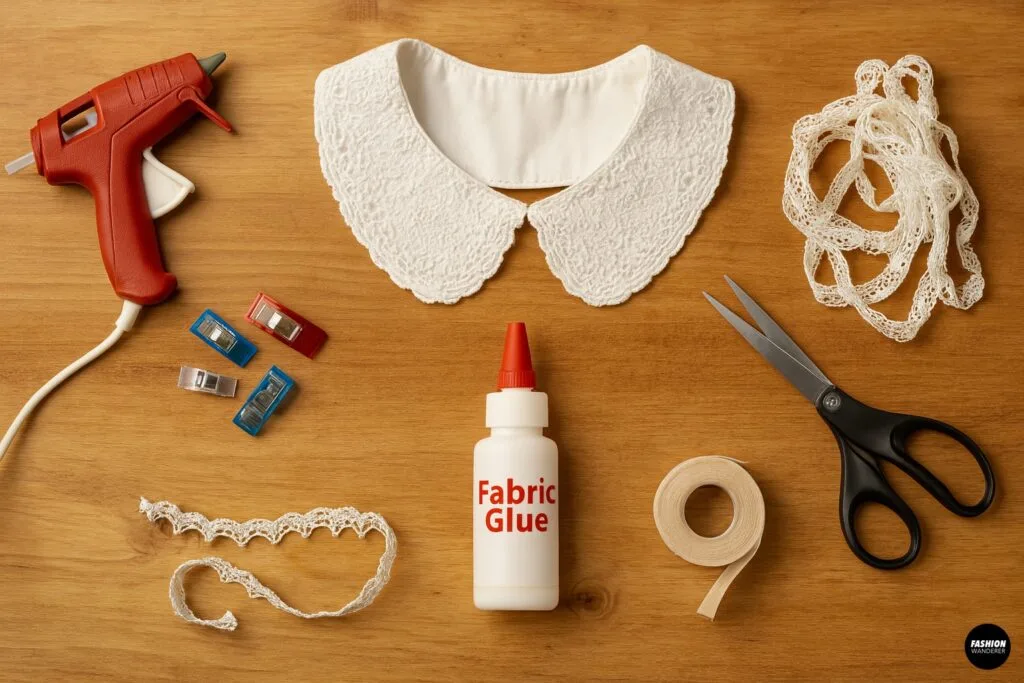 Top-down photo of materials for a DIY faux collar project on a wood table, including a white lace detachable collar, fabric glue, fabric clips, scissors, iron-on hem tape, and lace trim.