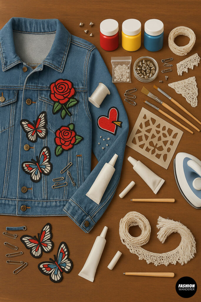 Flatlay of denim jacket embellishment supplies including thread, safety pins, fabric glue, lace trim, paint, and appliqué patches on wooden table.