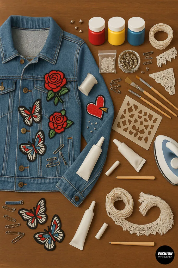 Flatlay of denim jacket embellishment supplies including thread, safety pins, fabric glue, lace trim, paint, and appliqué patches on wooden table.