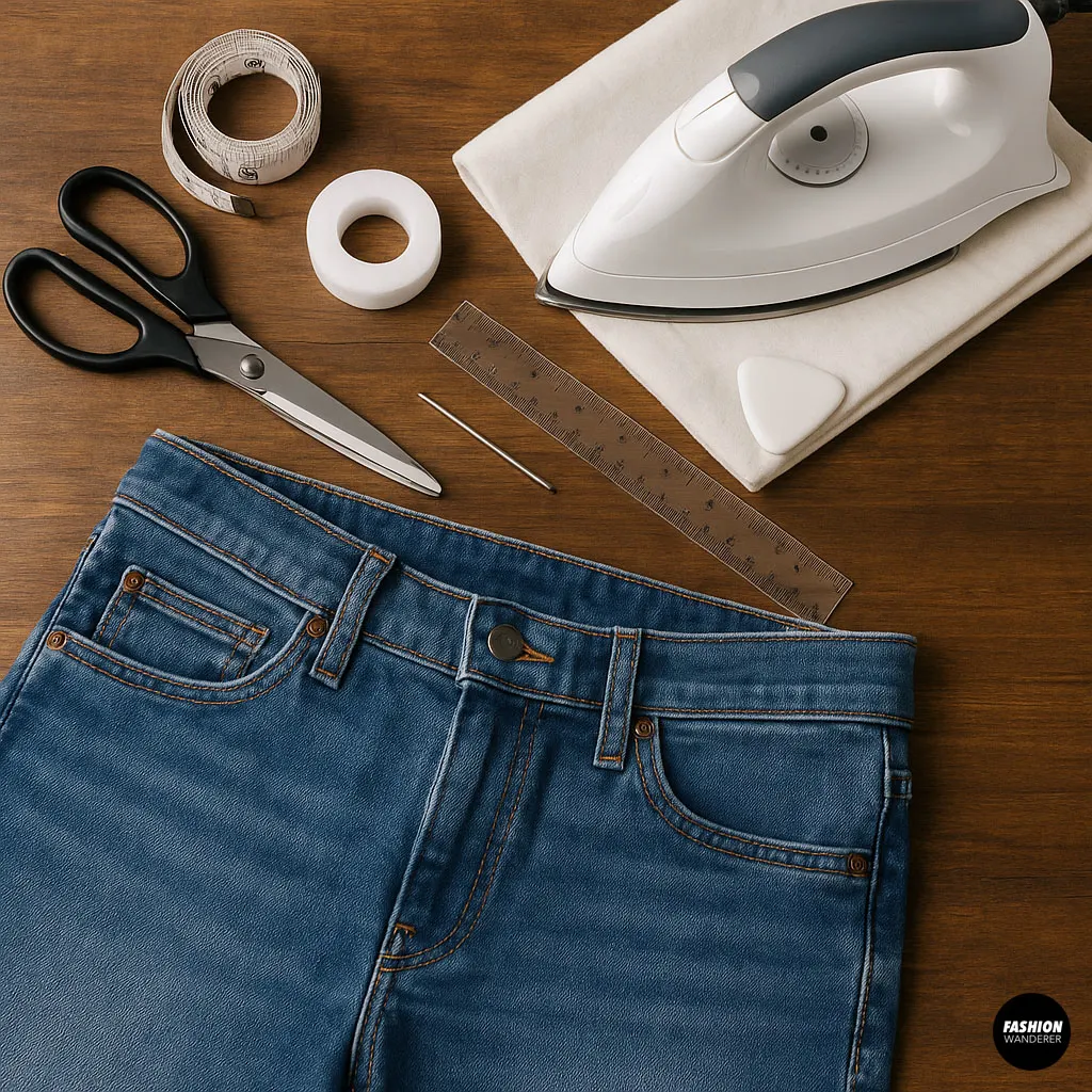 Flat lay of materials needed to hem jeans without sewing, including scissors, hemming tape, ruler, chalk, and iron on a wooden table.