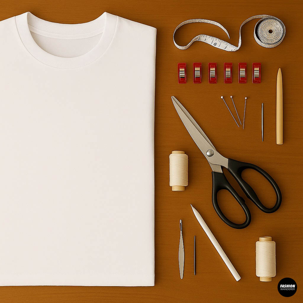 Flat lay of white t-shirt with sewing supplies including thread spools, measuring tape, pins, scissors, and seam ripper arranged on a wooden surface.