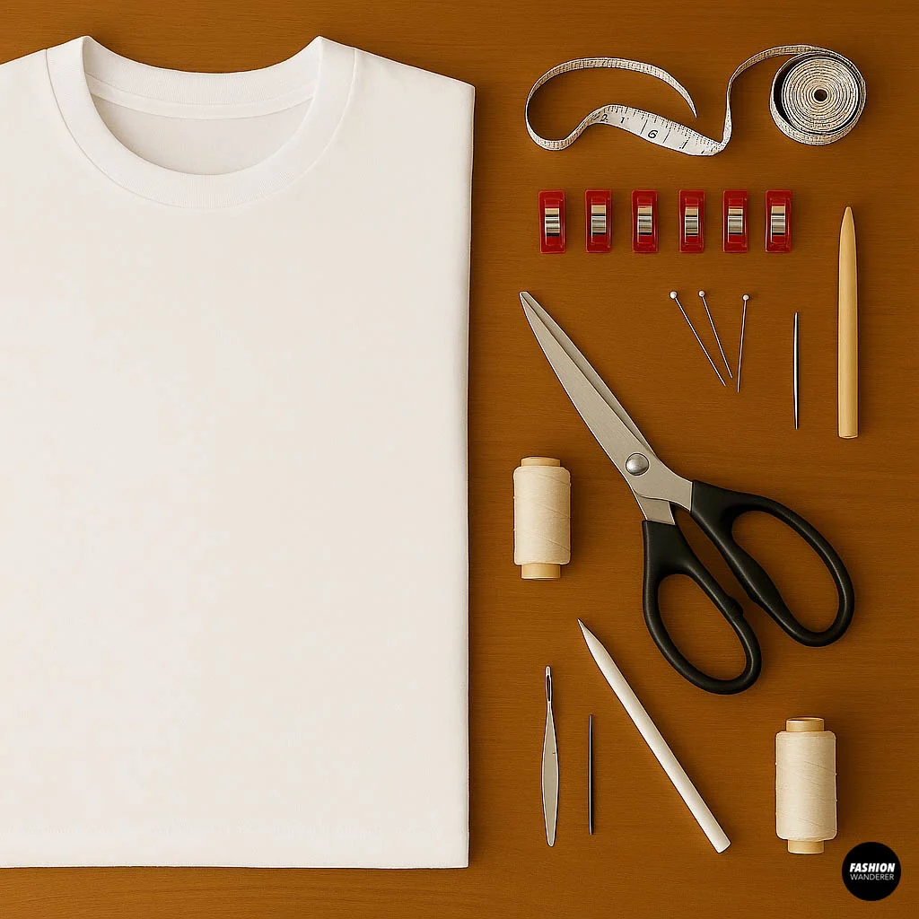 Flat lay of white t-shirt with sewing supplies including thread spools, measuring tape, pins, scissors, and seam ripper arranged on a wooden surface.