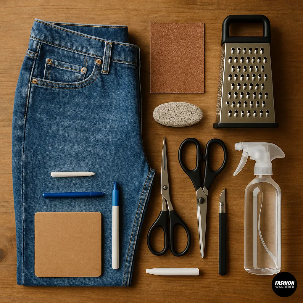 Flat lay of DIY distressing tools and denim jeans on wood table, including scissors, spray bottle, chalk, sandpaper, grater, and fabric markers for customizing jeans at home