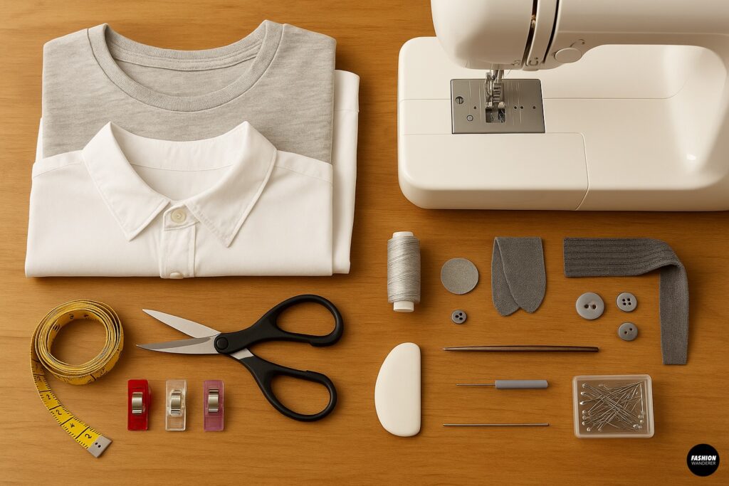 Top-down photo of sewing materials for DIY dog clothes on a wood table, including folded light gray T-shirt, white button-up shirt, sewing machine, thread, scissors, measuring tape, fabric clips, rib knit scraps, buttons, and pins.