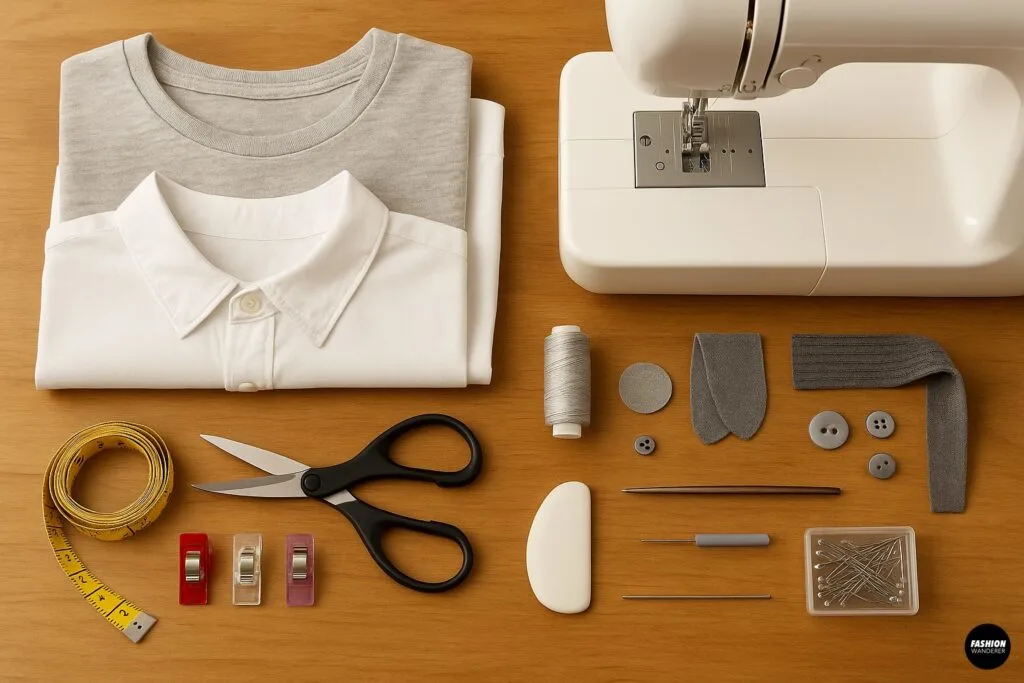 Top-down photo of sewing materials for DIY dog clothes on a wood table, including folded light gray T-shirt, white button-up shirt, sewing machine, thread, scissors, measuring tape, fabric clips, rib knit scraps, buttons, and pins.
