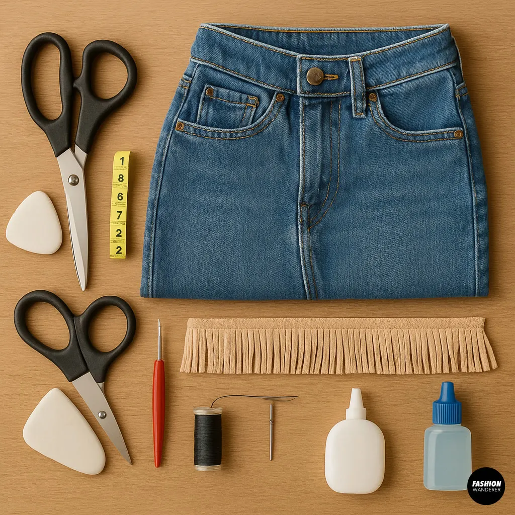 Flat lay of DIY materials for fringe shorts including scissors, fringe trim, fabric glue, thread, and denim.