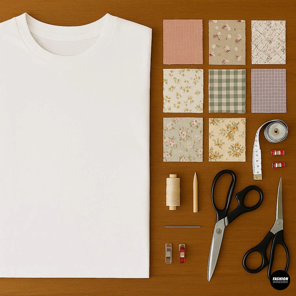 Flat lay of sewing materials including scissors, measuring tape, thread spools, needles, fabric clips, fabric marker, ruler, fusible interfacing, and fabric scraps for patchwork pockets.