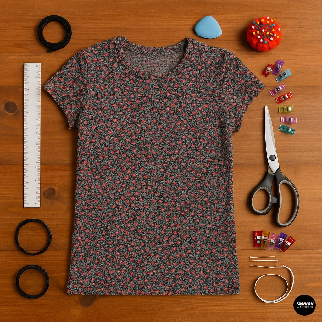 Top-down flat lay of materials for a no-sew or sewn DIY tube top: a stretchable floral cotton T-shirt, ruler, fabric chalk, sharp scissors, optional elastic band, sewing pins, and clips arranged neatly on a wood surface.