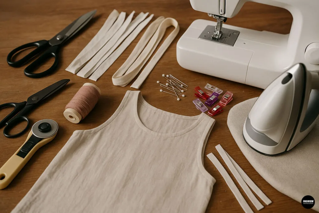 Flat lay of sewing supplies for invisible binding, including fabric strips, tank top, thread, scissors, clips, pins, sewing machine, and iron on a wood table.