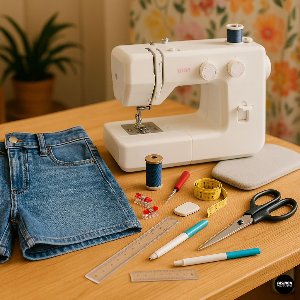 DIY jeans tailoring tools flatlay with denim shorts, sewing machine, ruler, thread, seam ripper, and pins on wooden table