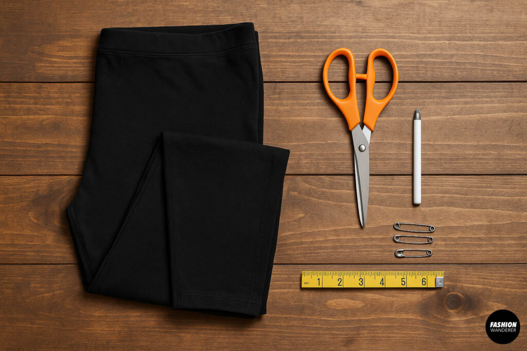 Flat lay photo of black leggings, orange-handled fabric scissors, white fabric chalk, yellow measuring tape, and silver safety pins arranged on a wooden table.