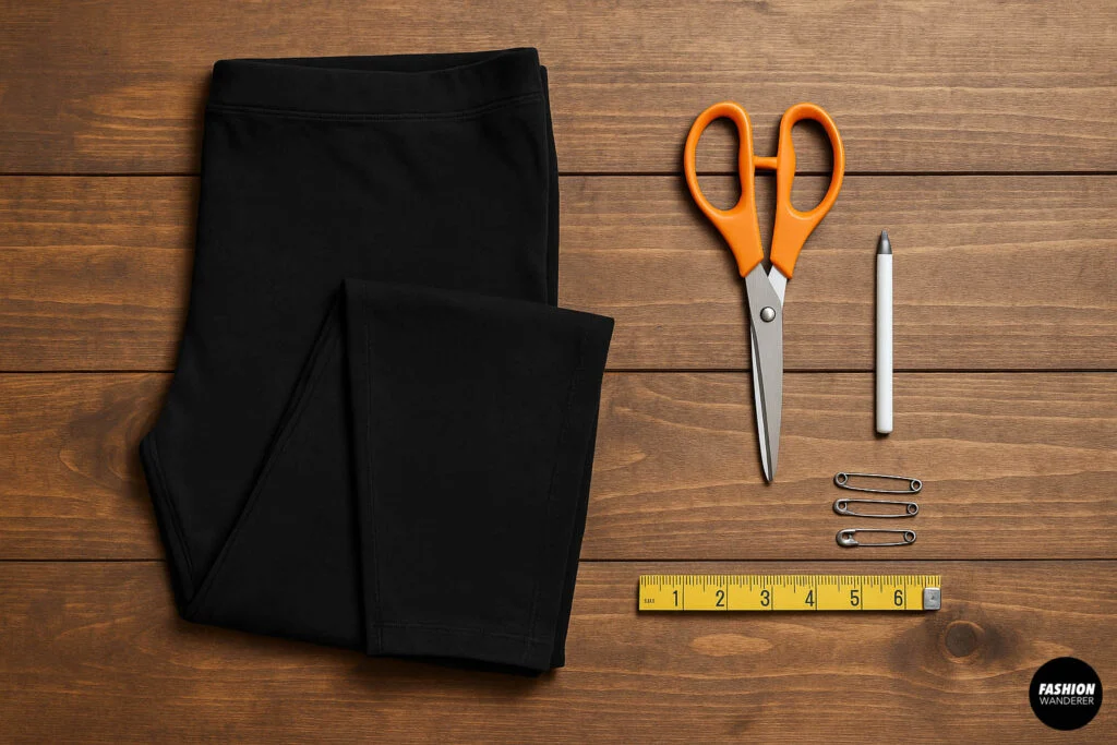 Flat lay photo of black leggings, orange-handled fabric scissors, white fabric chalk, yellow measuring tape, and silver safety pins arranged on a wooden table.