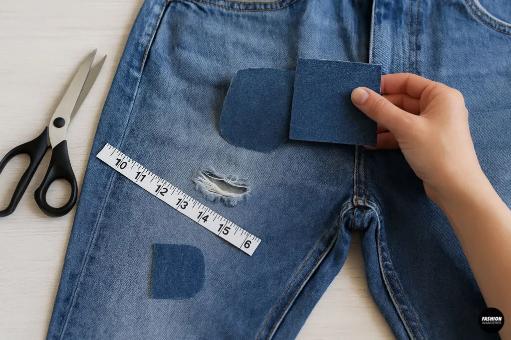 Hand holding denim patch over hole in jeans with measuring tape and scissors nearby.