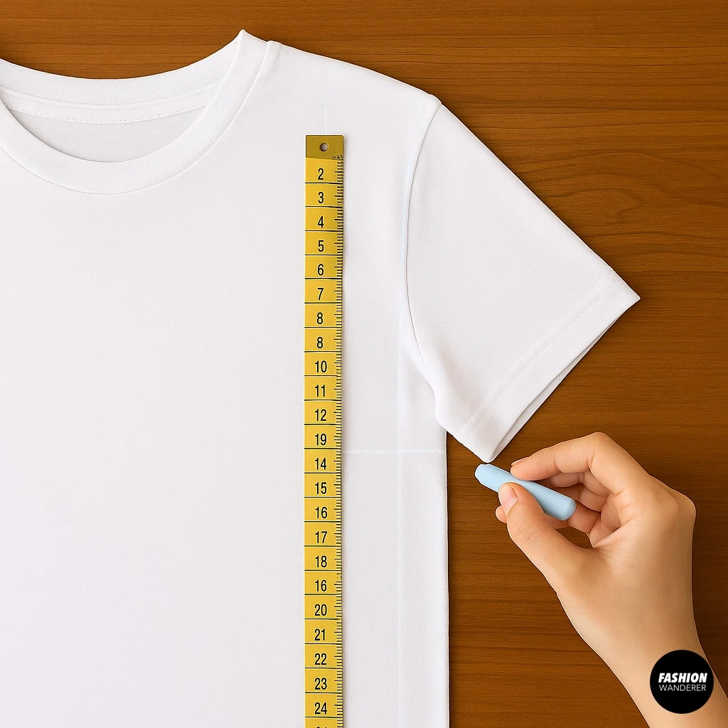 Top-down view of a white T-shirt laid flat on a wooden surface, with a measuring tape and hand marking the fabric with chalk to prepare for lace inserts.