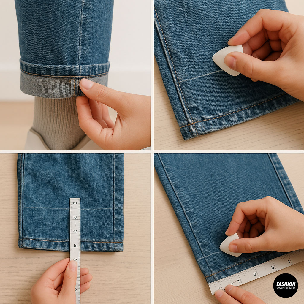 Step-by-step collage showing how to measure and mark jeans with chalk and ruler to prepare for no-sew hemming.