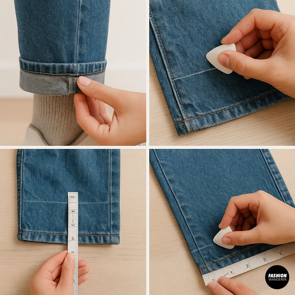Step-by-step collage showing how to measure and mark jeans with chalk and ruler to prepare for no-sew hemming.