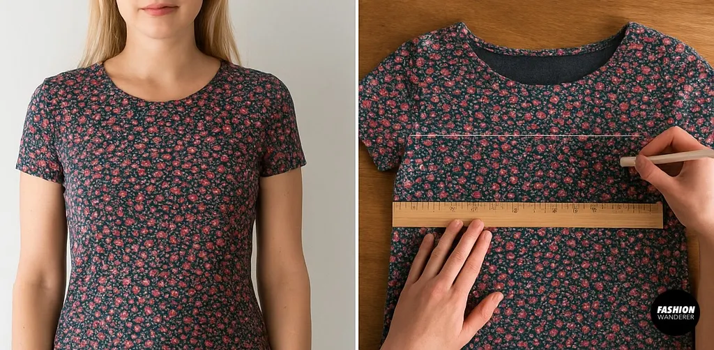 Side-by-side images for measuring and marking a DIY tube top from a T-shirt: a model wearing the tee for fit reference, and a flat floral T-shirt being measured and traced with a ruler and fabric chalk.