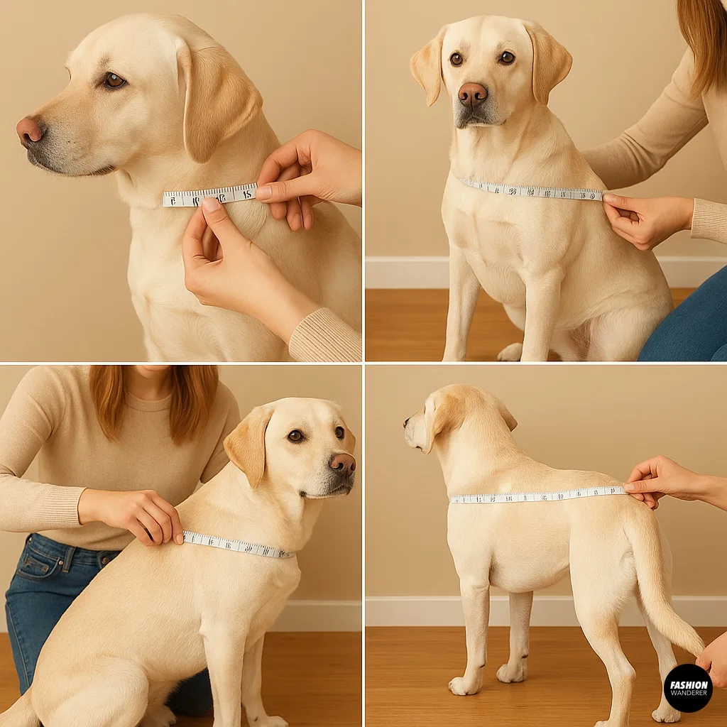 Step-by-step photo collage showing how to measure a Labrador dog for DIY dog clothes, including measuring neck circumference, chest girth, and back length using a measuring tape.