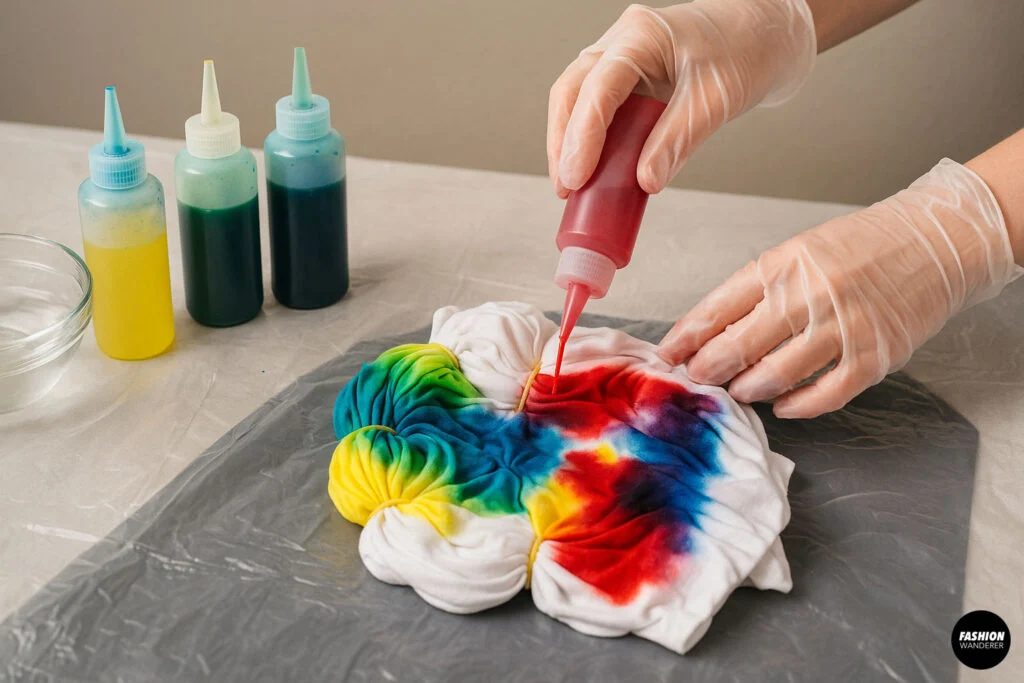 Hand wearing gloves applies red dye onto a spiral-folded shirt using a squeeze bottle, with yellow, green, and blue dyes nearby.