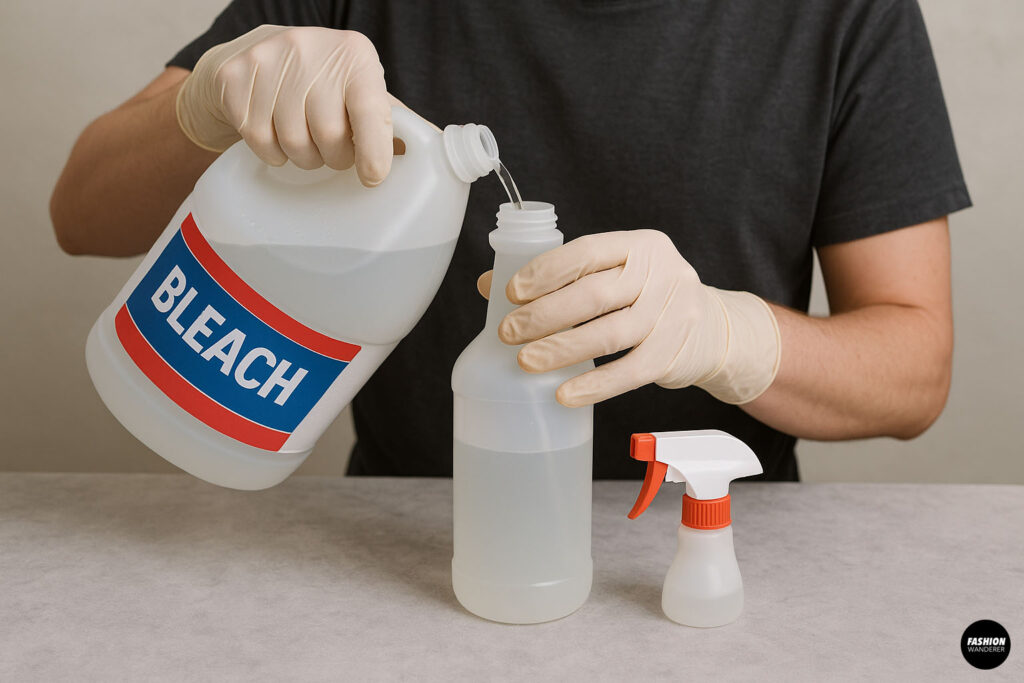 Person in gloves pouring bleach into a spray bottle — preparing a diluted bleach solution for acid wash t-shirt tutorial.