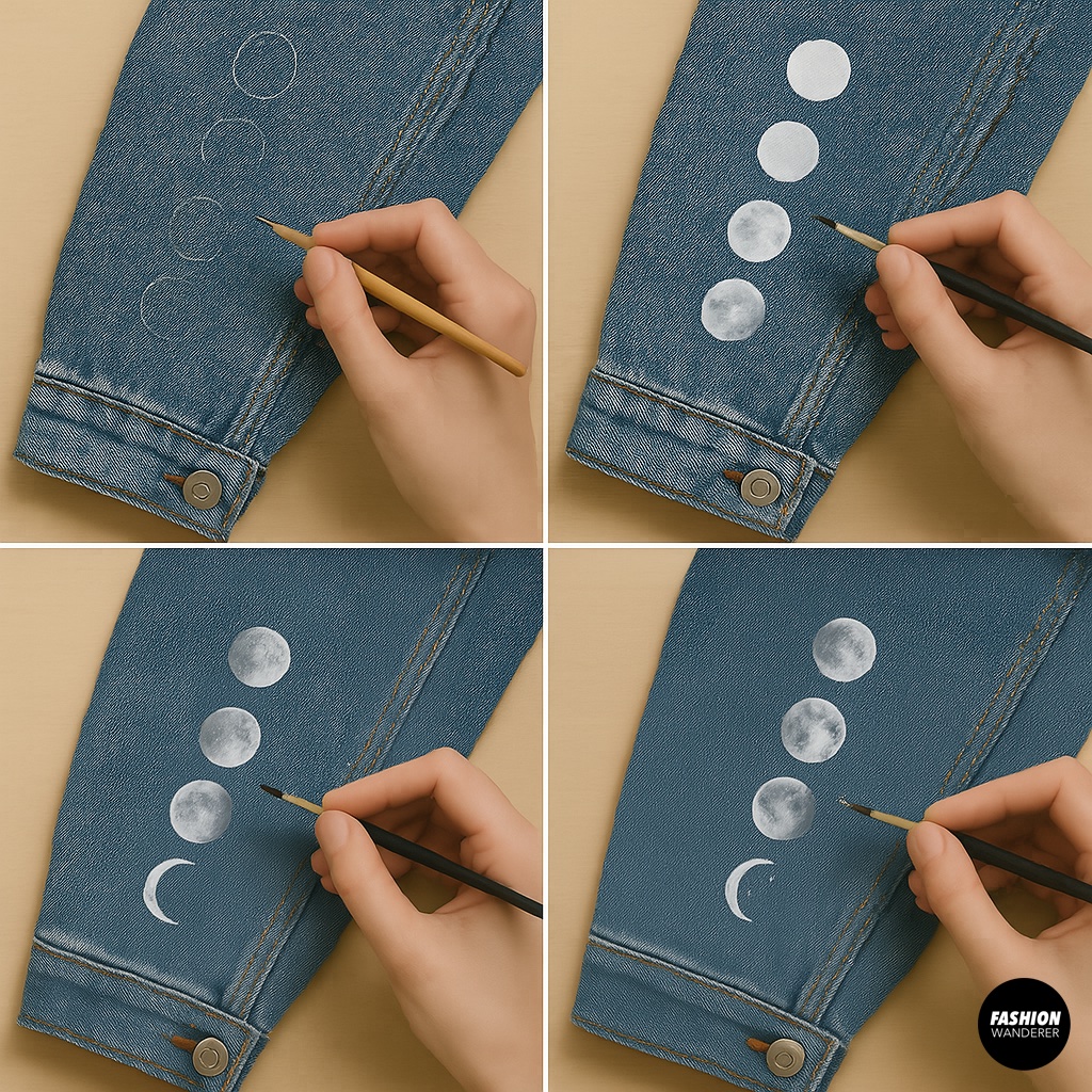 Four-panel tutorial painting moon phases on a denim sleeve: chalk-sketched crescents, white base coat, gray shading for craters, final highlights for realistic lunar phase sequence.