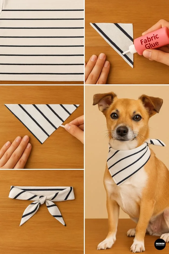 DIY no-sew dog bandana collage showing striped fabric hem, applying fabric glue to triangle bandana piece, folding and tying bandana, and a small dog wearing the finished striped bandana.