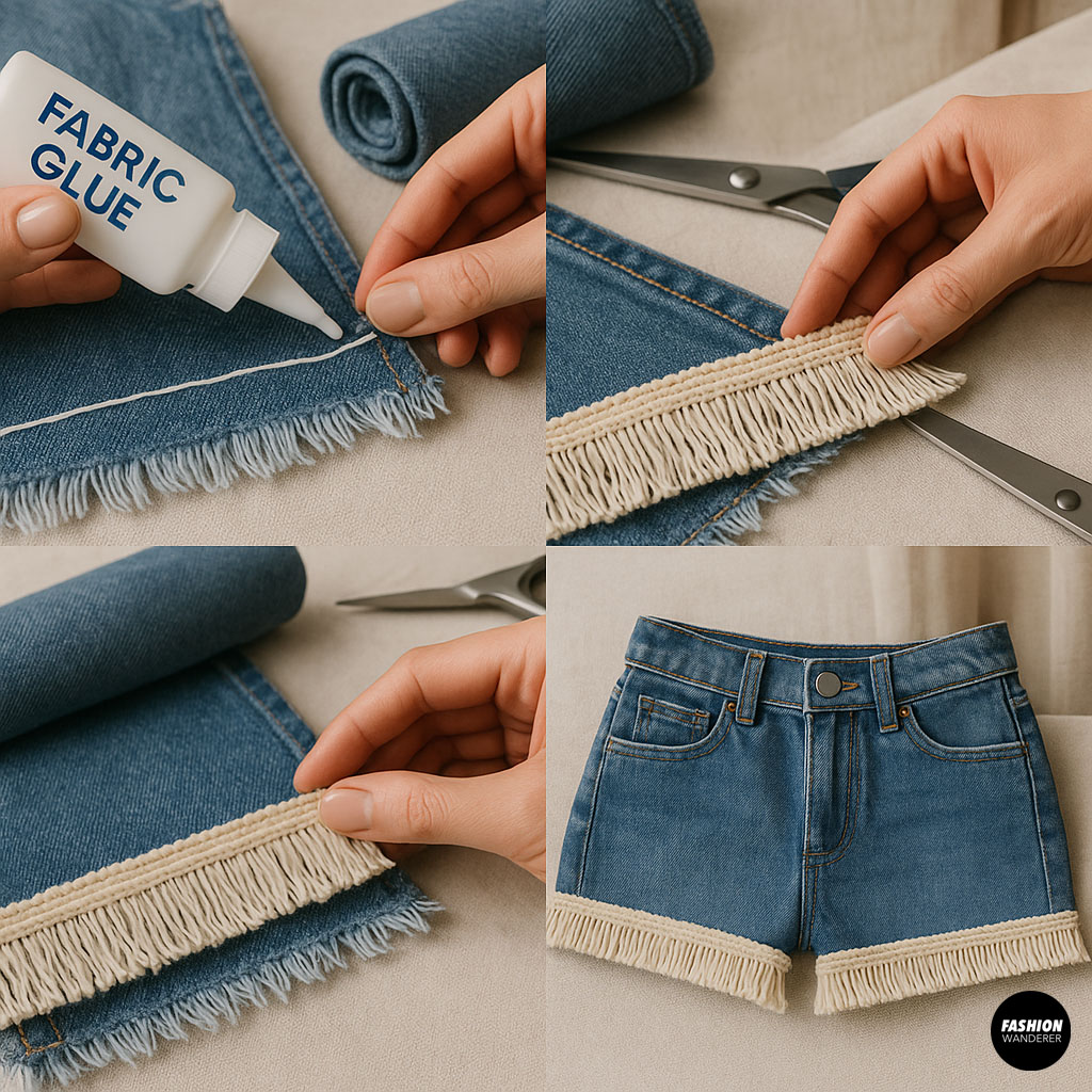 Step-by-step collage showing how to use fabric glue to attach fringe trim to denim shorts without sewing.