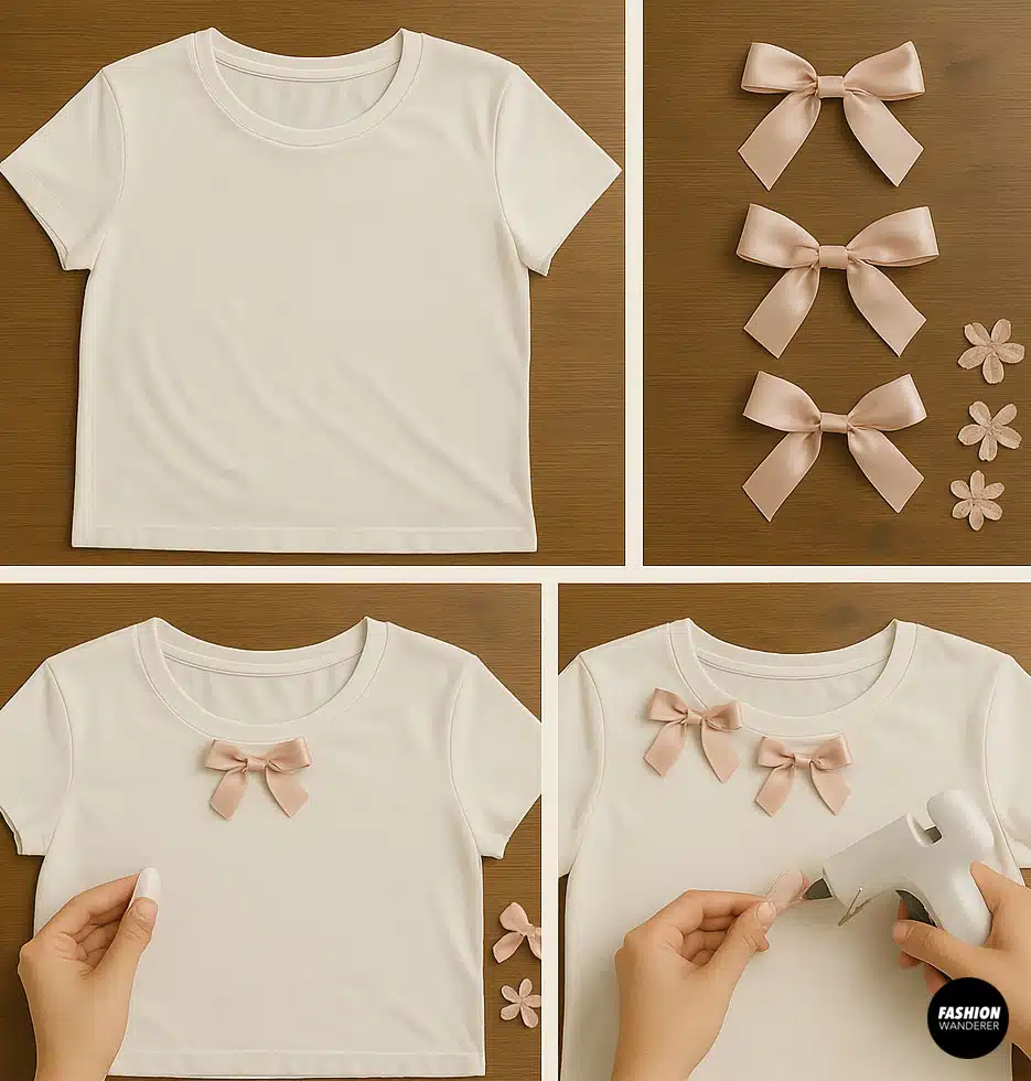 DIY no-sew tutorial for decorating a white t-shirt with pink satin ribbon bows and flower appliqués — features hot glue technique for quick and cute coquette-style customization.