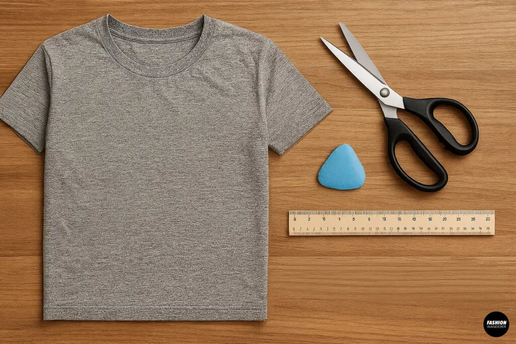 Top-down view of folded pink T-shirt, printed tote bag pattern, packs of stretch needles, and fabric scissors arranged on a wood tabletop.