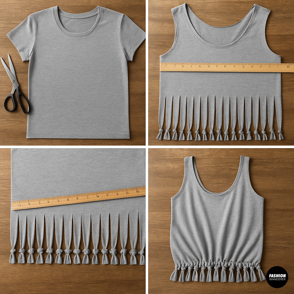 Four-panel collage showing a gray T-shirt flat with scissors, ruler measuring 4″ up from the hem, fringed bottom with tied double-knots, and the finished fringe tote ready to invert.