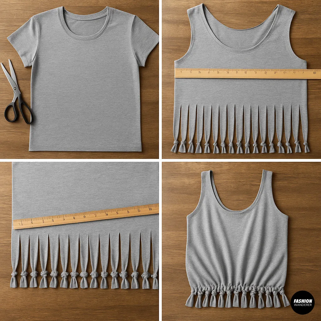 Four-panel collage showing a gray T-shirt flat with scissors, ruler measuring 4″ up from the hem, fringed bottom with tied double-knots, and the finished fringe tote ready to invert.