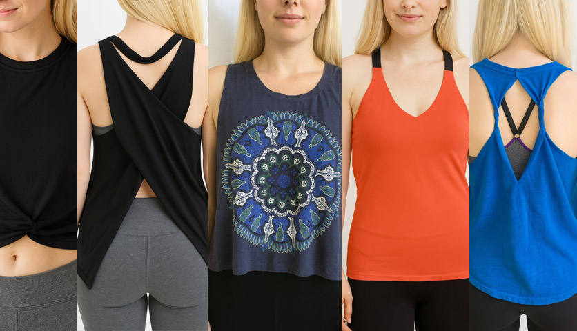 Five sporty DIY workout tops from t-shirts: knotted front crop, crossover back tank, cut-off muscle tee, halter with contrast straps, and open racerback – perfect for yoga or gym wear.