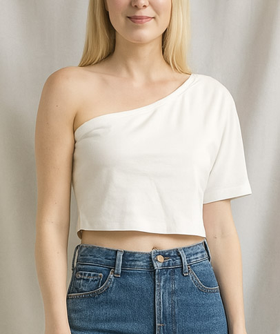 DIY one-shoulder white crop top from t-shirt – asymmetrical neckline adds edgy modern twist to refashion project.