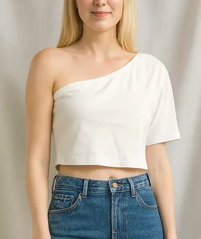 DIY one-shoulder white crop top from t-shirt – asymmetrical neckline adds edgy modern twist to refashion project.