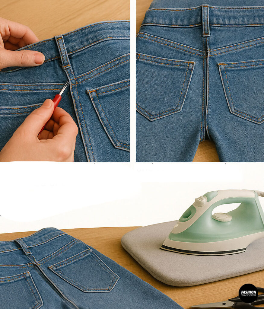 Using seam ripper to open center back seam of jeans for waist adjustment, followed by ironing
