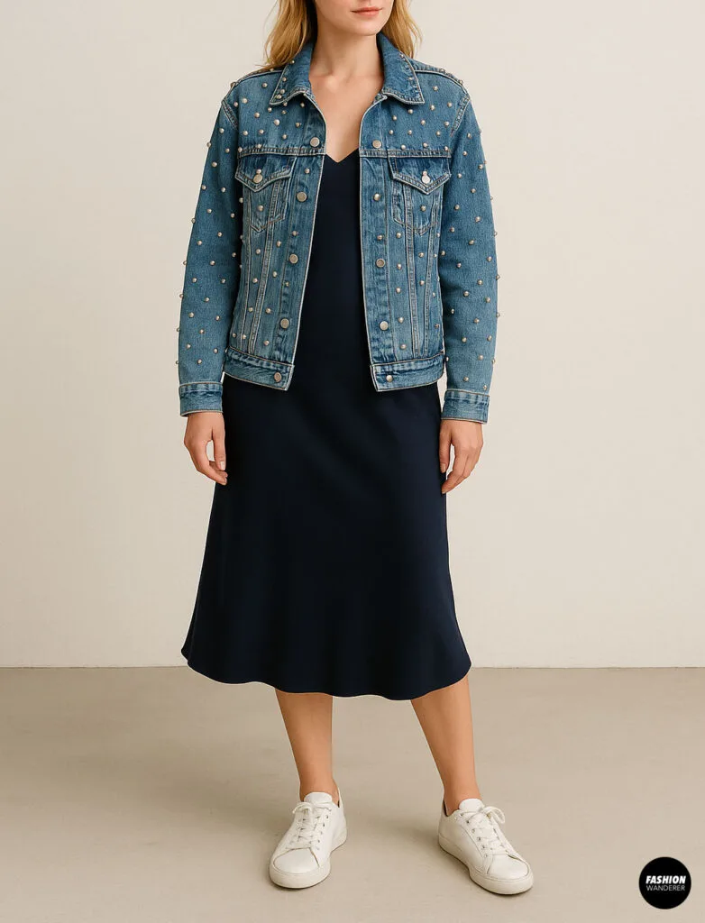 Woman wearing a studded denim jacket over a navy midi dress and white sneakers, showcasing a casual chic outfit idea.