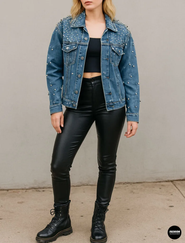 Edgy street-style outfit featuring a studded denim jacket, black crop top, leather pants, and combat boots.