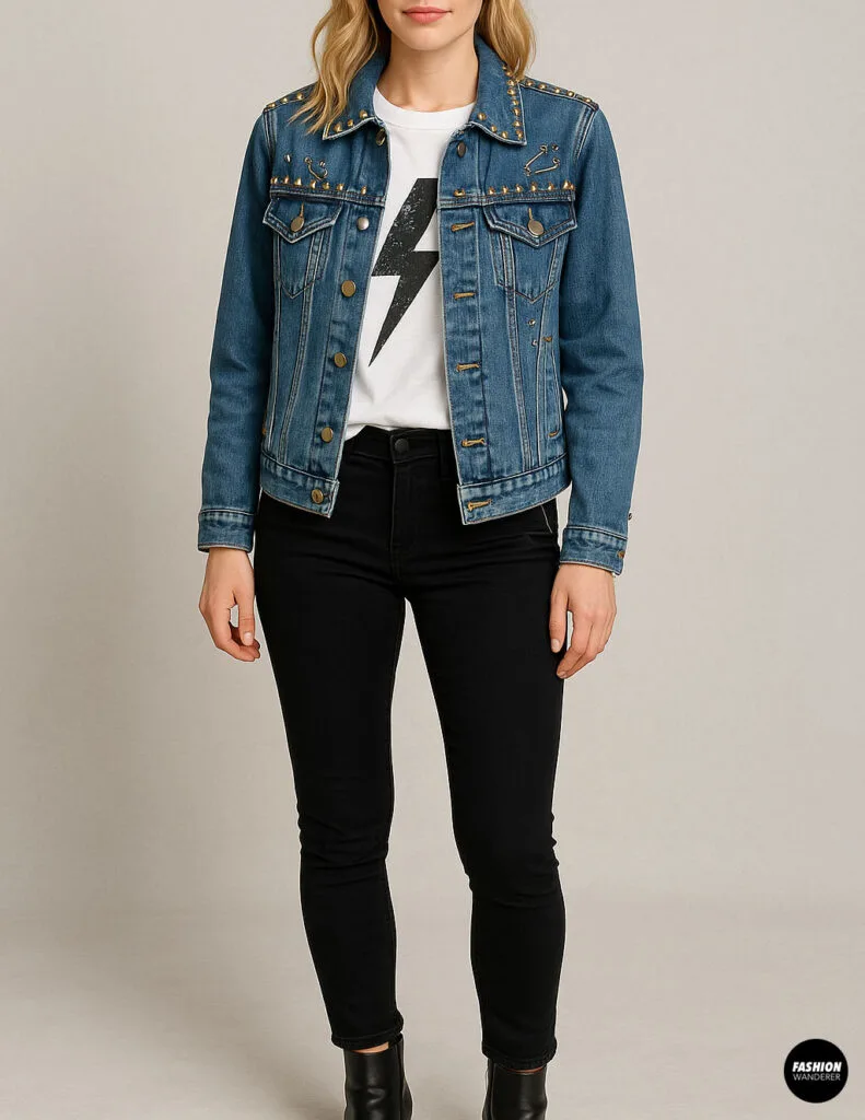 Rock-inspired look with a denim jacket decorated with studs, paired with a lightning bolt graphic tee and black skinny jeans.