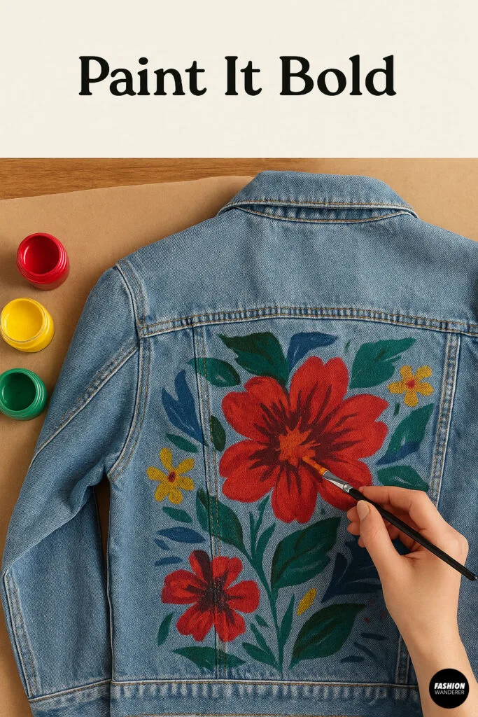 Denim jacket with large hand-painted red flowers and green leaves on the back, surrounded by paint jars and a hand holding a paintbrush.