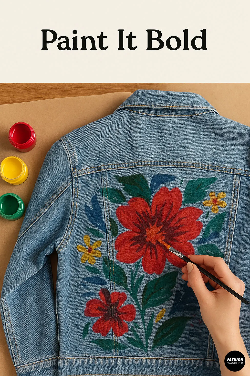 Denim jacket with large hand-painted red flowers and green leaves on the back, surrounded by paint jars and a hand holding a paintbrush.