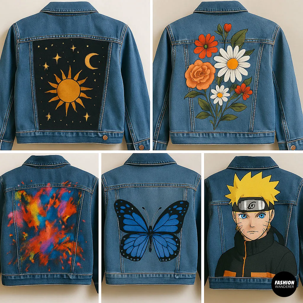 Collage of hand-painted denim jackets featuring various designs like florals, celestial scenes, butterflies, anime characters, and splatter paint.