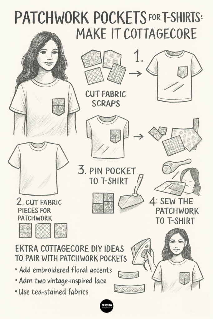 Hand-drawn style infographic illustrating step-by-step patchwork pocket DIY for t-shirts with sketches of fabric squares, t-shirts, sewing steps, and cottagecore ideas.