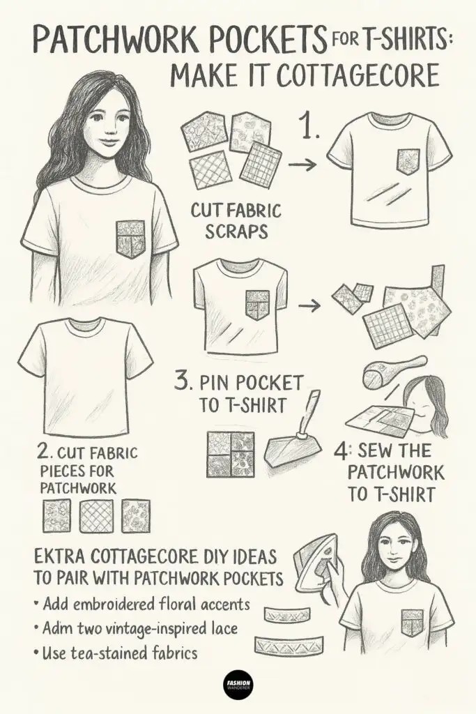 Hand-drawn style infographic illustrating step-by-step patchwork pocket DIY for t-shirts with sketches of fabric squares, t-shirts, sewing steps, and cottagecore ideas.