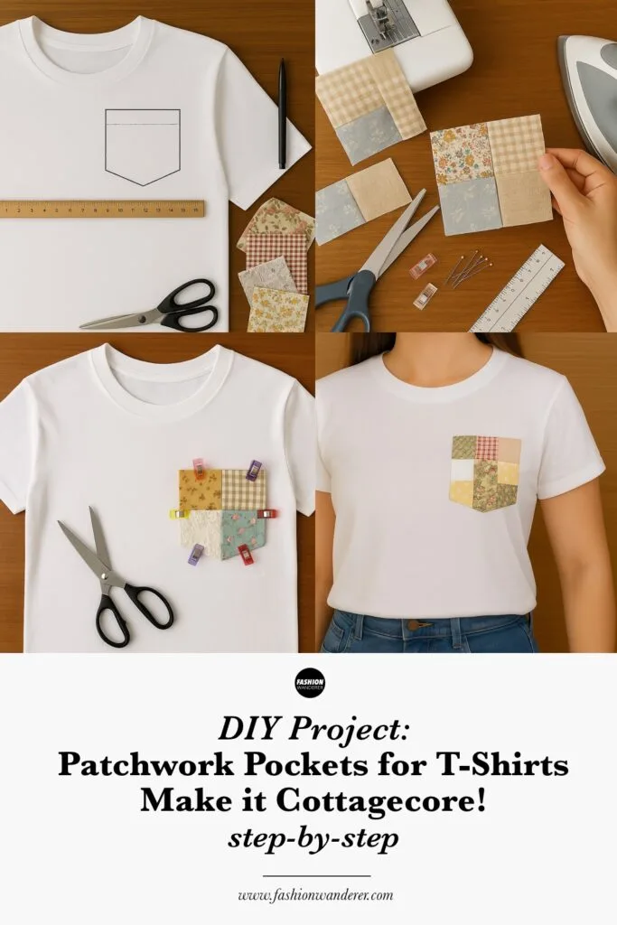 Step-by-step patchwork pocket DIY for tees with sketches of fabric squares, t-shirts, sewing steps, and cottagecore ideas.