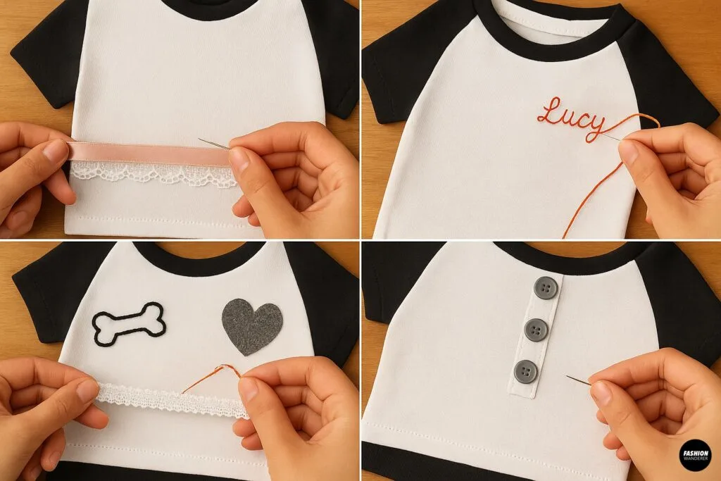 Creative dog clothes personalization collage featuring hand sewing of lace trim on shirt hem, embroidery stitching of dog name 'Lucy,' sewing lace trim on patch designs, and attaching buttons on a black and white raglan shirt.