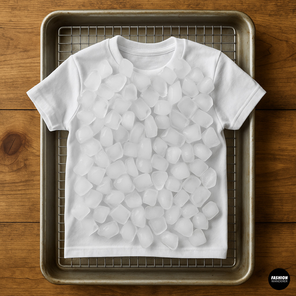 Close-up image of a white cotton t-shirt draped over a wire rack inside a baking tray, topped with many small ice cubes ready for ice dyeing technique.