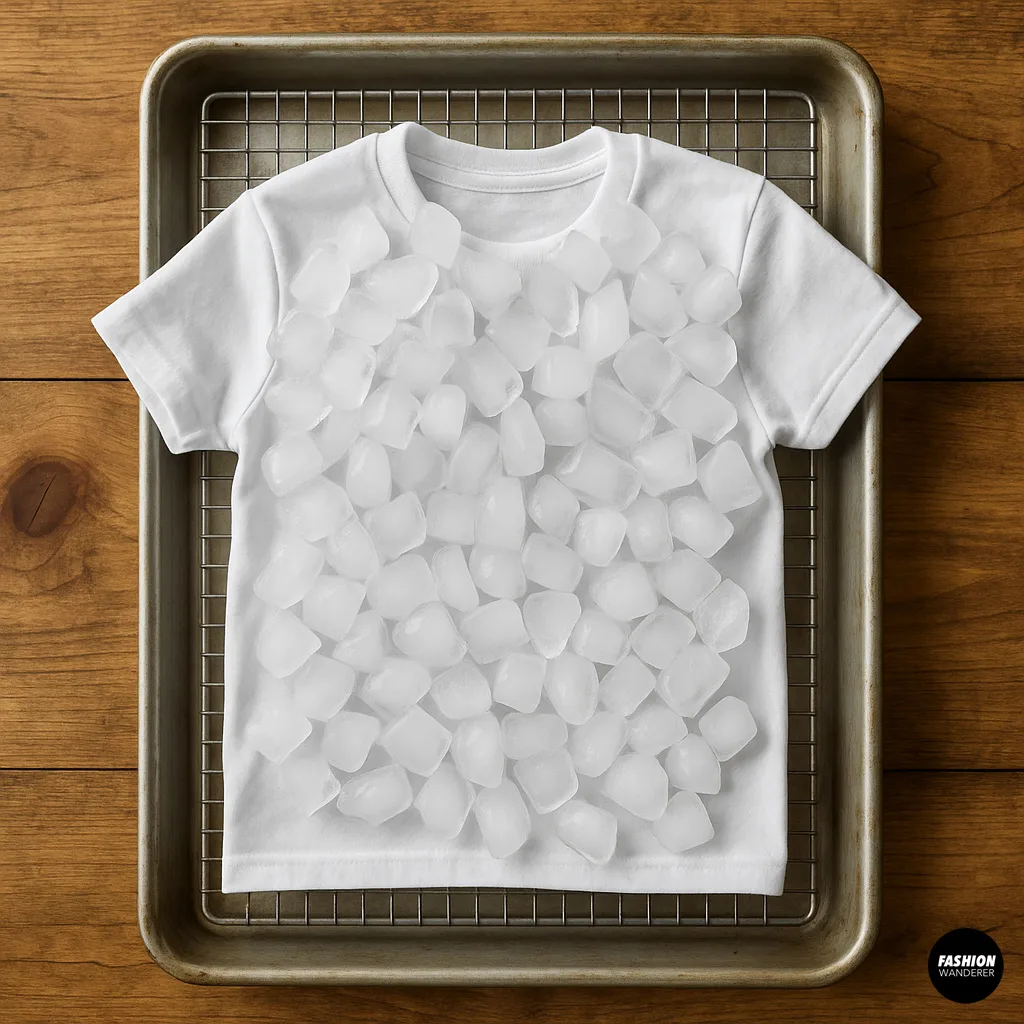 Close-up image of a white cotton t-shirt draped over a wire rack inside a baking tray, topped with many small ice cubes ready for ice dyeing technique.