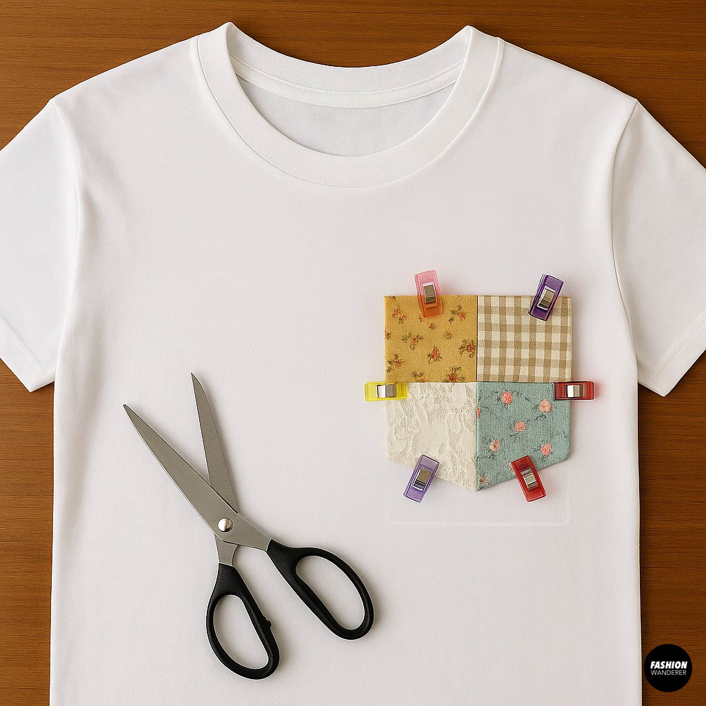 Patchwork pocket pinned in place on a white t-shirt with colorful sewing clips, ready to be sewn.