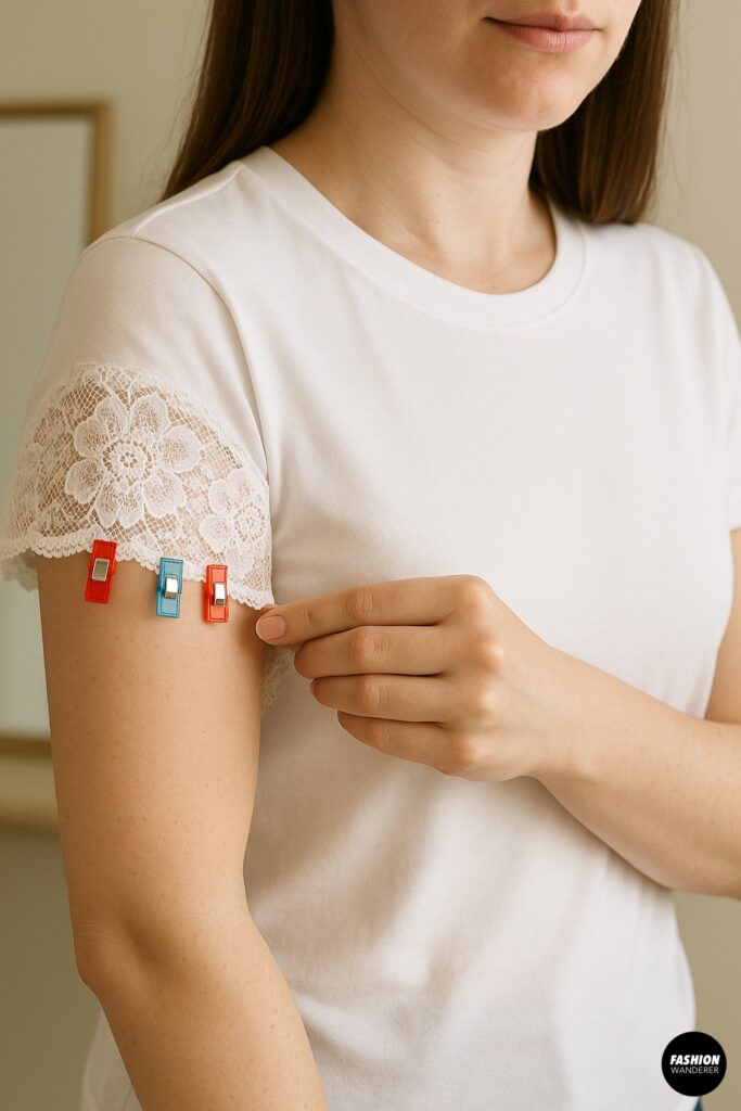 Close-up of a woman wearing a white T-shirt with lace inserted into the sleeve and secured with colorful sewing clips.