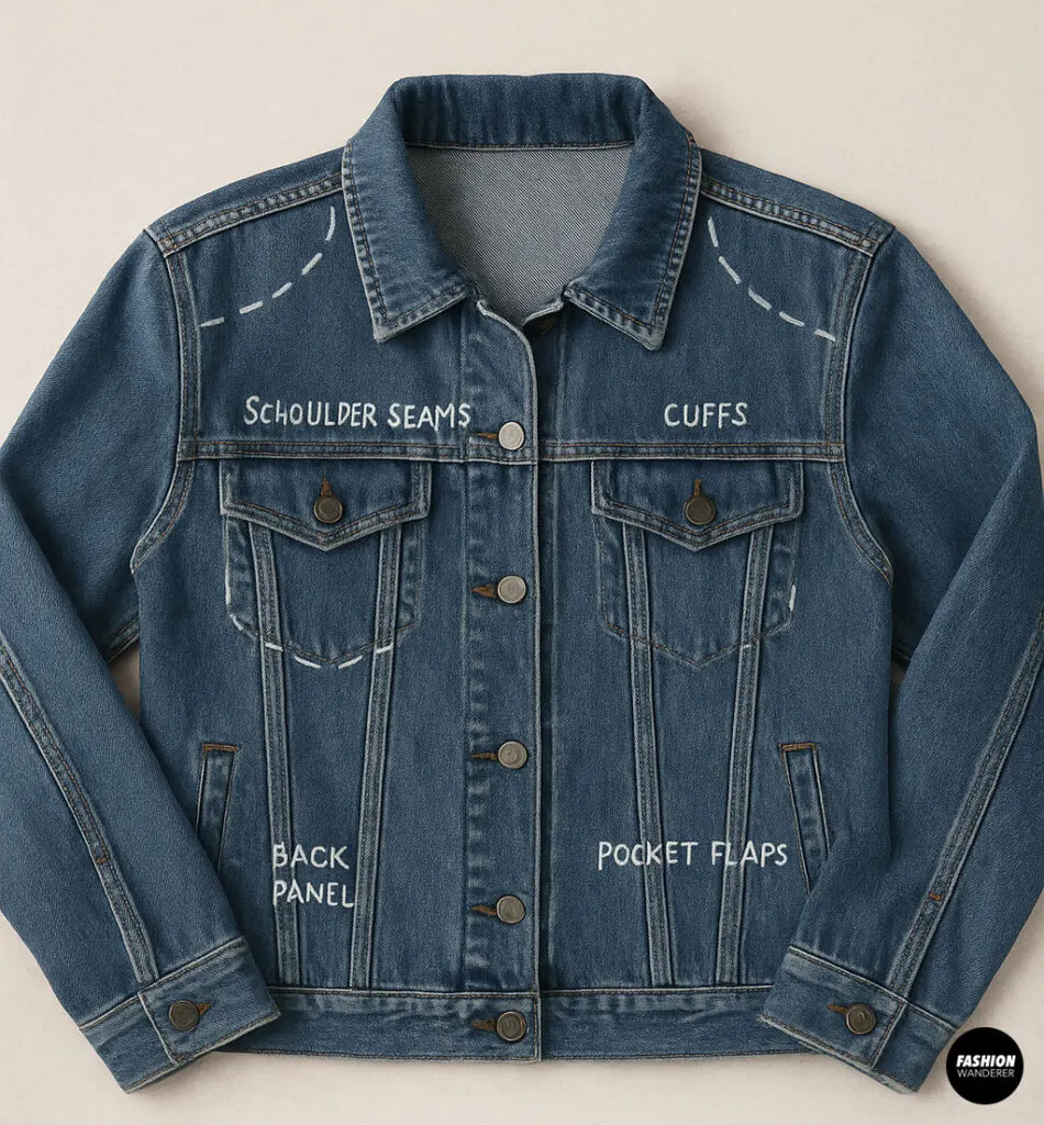 Flatlay image of a denim jacket marked with suggested embellishment areas: shoulder seams, cuffs, back panel, and pocket flaps.